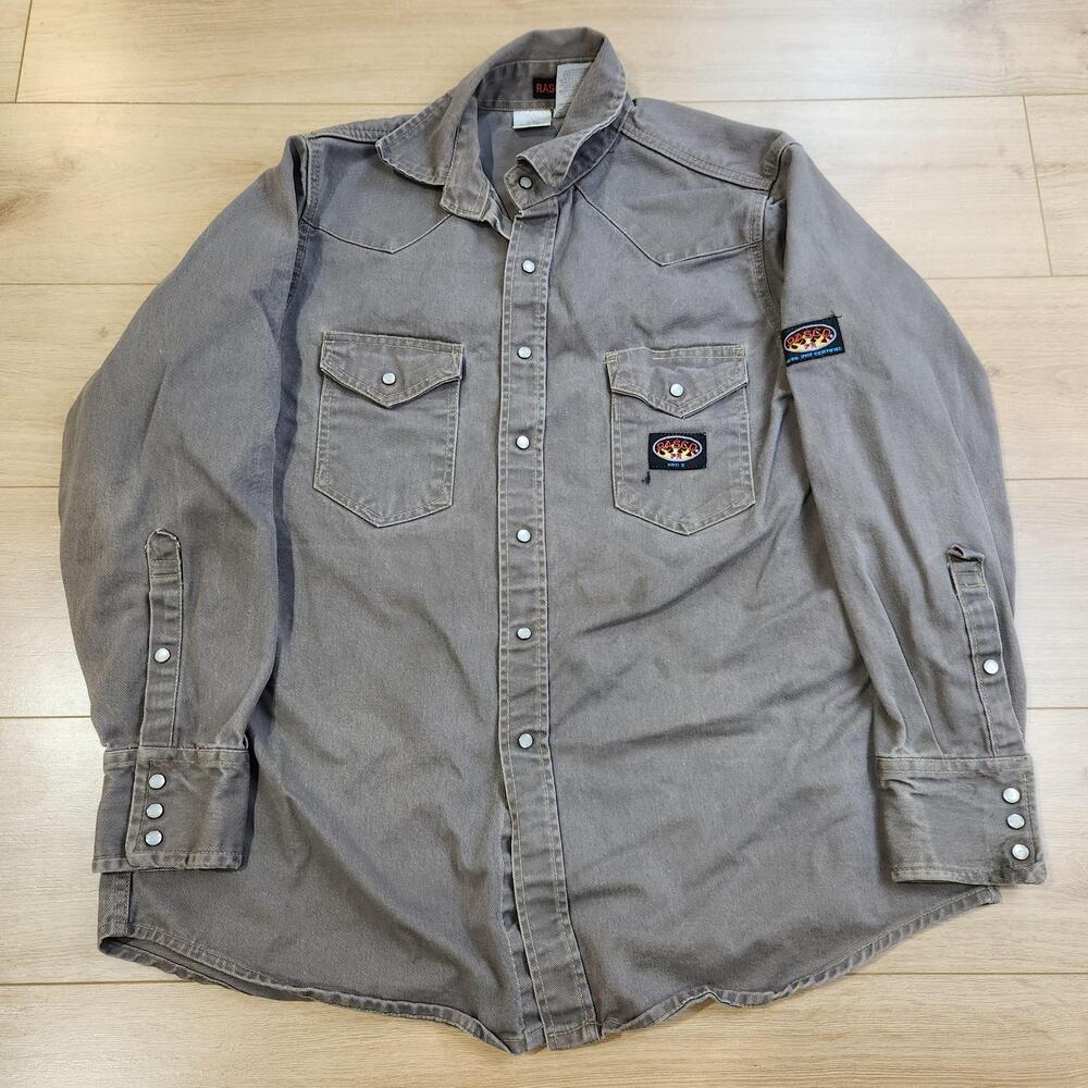 Rasco FR Shirt Mens XL Gray Solid Twill Long Sleeve Pearl Snap Western Workwear